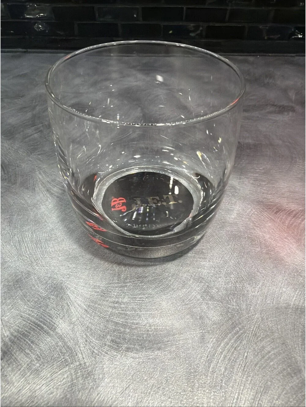 J & B J.E.T.  SCOTCH WHISKY  BLACK BOTTOM LOGO DRINKING GLASS 3.25